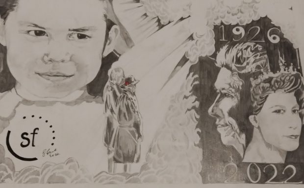 pencil drawing on a1 card of her majesty the queen