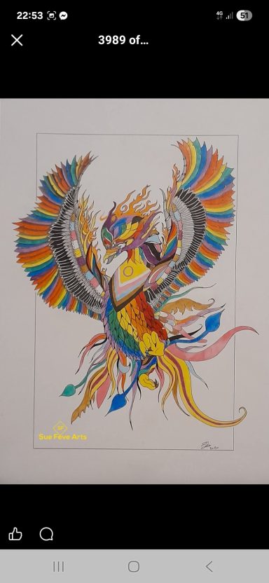 coloured del ink drawing of a pride phoenix