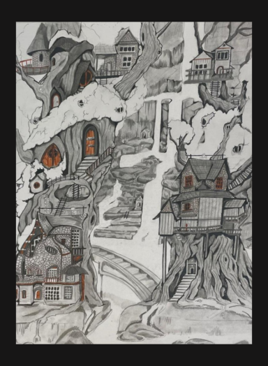 Treetopia pencil drawing tree fairy house landscape