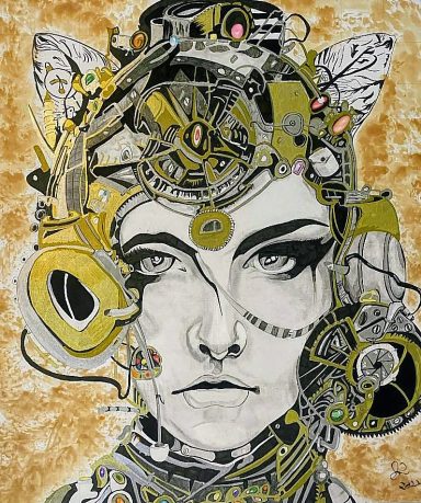Steampunk Chick pencil and acrylic pen drawing woman goth techno steam punk