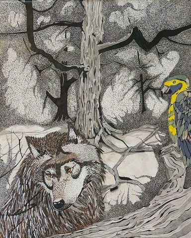 Stippling forest stippled work wolf parrot tree